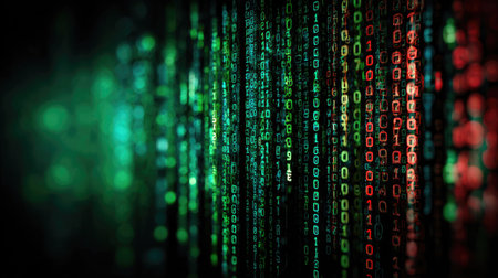 Vibrant abstract digital background featuring streams of binary code in green and red hues. This design symbolizes technology, data communication, and innovation.の素材