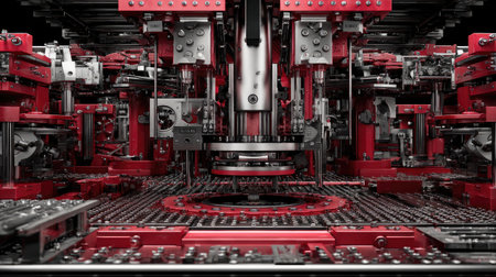 Close-up view of intricate industrial machinery featuring vibrant red components and complex mechanical parts, ideal for technology and engineering concepts.の素材