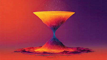 This captivating abstract artwork features a glowing cone structure against a gradient backdrop, merging vibrant colors and dynamic energy. An eye-catching piece for modern spaces.の素材