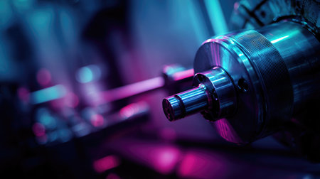 This image features a close-up view of a precision machined metal component situated in an industrial workshop. The vibrant lighting enhances the textures and details of the machinery, showcasing the elegance of engineering in a modern setting.の素材