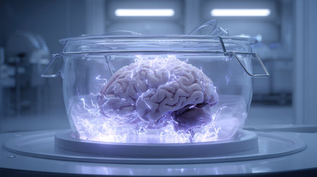 A high-tech laboratory scene features a glowing brain encased in a glass jar, surrounded by electric energy. This image represents advanced neuroscience and innovative research.の素材