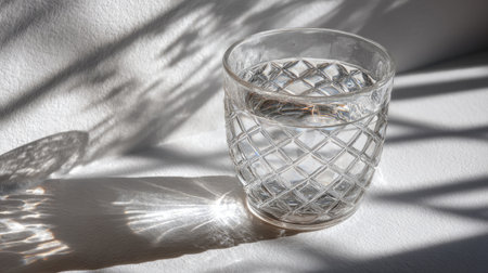 A clear glass filled with water rests on a white surface, creating delicate shadows in the sunlight. This serene scene highlights simplicity and elegance.の素材