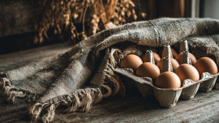 A serene still-life featuring fresh brown eggs nestled in a rustic carton, draped with a textured cloth on a weathered wooden table, evoking warmth and simplicity.の素材