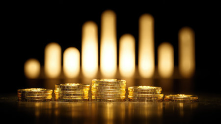 A visually striking composition of shiny gold coins arranged in stacks, set against a softly glowing background that symbolizes financial growth and prosperity.の素材