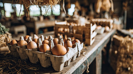 A charming rustic farm scene featuring fresh brown eggs arranged in a carton under soft natural light, creating a warm and inviting atmosphere.の素材