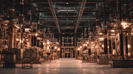 Captivating view of an industrial power station interior showcasing extensive equipment and bright lights in a spacious, dark environment.の素材