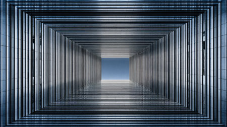 This captivating image showcases a unique perspective of multiple metallic frames converging towards an open blue sky, embodying modern architectural design.の素材