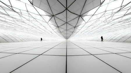 A stunning interior view showcasing an expansive, brightly illuminated space with intricate geometric patterns and symmetrical lines, enhancing a feeling of depth.の素材