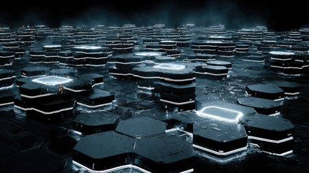 A stunning futuristic digital landscape featuring glowing hexagonal structures against a dark, atmospheric background, ideal for technology-themed projects.の素材