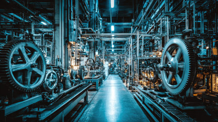 An intricate view of an industrial factory floor showcasing complex machinery with gears and pipes. The high-tech environment emphasizes engineering precision and automated processes, ideal for manufacturing visuals.の素材