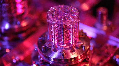 This close-up image showcases a transparent futuristic device in a vibrant, high-tech setting with striking colorful lighting effects. The intricate details highlight the beauty of modern engineering and innovation.の素材