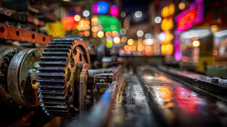 This compelling image showcases an intricate close-up of industrial gears surrounded by vibrant city lights, emphasizing the fusion of technology and artistry.の素材