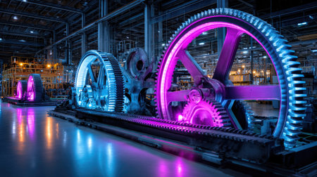 A striking view of large industrial gears illuminated with vibrant neon lights in a modern manufacturing facility, showcasing technological innovation.の素材