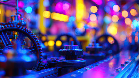 A stunning close-up view of industrial gears and cogs illuminated by vibrant bokeh lights, creating a dynamic and colorful urban night scene ideal for creative projects.の素材
