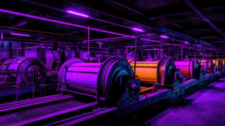 A captivating view of a neon-lit industrial workspace showcasing advanced machinery and vibrant colors, providing a modern atmosphere for production activities.の素材