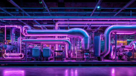 A striking industrial scene showcasing neon pink pipelines against modern machinery, embodying a blend of technology and design in a vibrant atmosphere.の素材