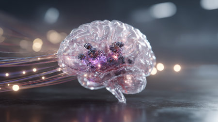 This captivating image showcases a transparent brain surrounded by glowing particles and dynamic light trails, symbolizing technology and innovation in a digital realm.の素材