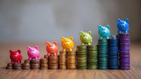 Colorful piggy banks are arranged on top of stacked coins, depicting a visual narrative of financial growth and effective savings strategies for individuals.の素材