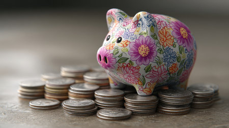 A vibrant and artistic piggy bank adorned with floral designs sits atop a pile of coins, symbolizing savings and financial planning in a playful yet impactful way.の素材