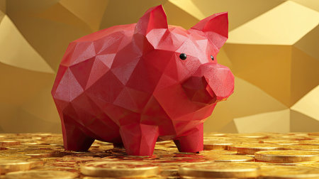 This image features a geometric red piggy bank standing on a pile of coins, symbolizing financial savings and investment. The golden background adds a luxurious touch, emphasizing the importance of smart financial planning.の素材