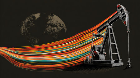 This abstract illustration showcases an oil pump jack with colorful flowing lines against a dark background, symbolizing the energy industry's impact on the world.の素材
