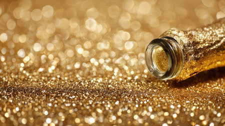 A captivating image showcasing a glass bottle tipped over, spilling vibrant gold glitter onto a shimmering surface, perfect for festive themes and creative projects.の素材