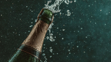 This dynamic image captures the moment of a champagne bottle bursting open, with lively bubbles and splashes set against a dark, moody background, perfect for celebrations.の素材