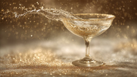 An elegant glass filled with sparkling water splashes dramatically against a backdrop of shimmering gold dust, creating a festive and luxurious atmosphere.の素材