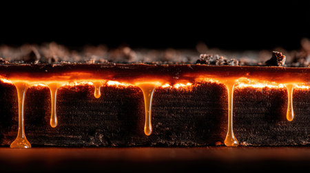 A mesmerizing close-up image showcasing amber syrup dripping elegantly from a dark, textured surface. The glossy sheen and rich golden hue highlight the syrup's sweet allure.の素材