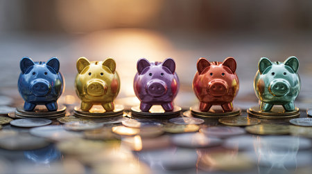 Colorful ceramic piggy banks are arranged in a row atop a sparkling coin bed, symbolizing savings and financial planning in a warm light setting.の素材