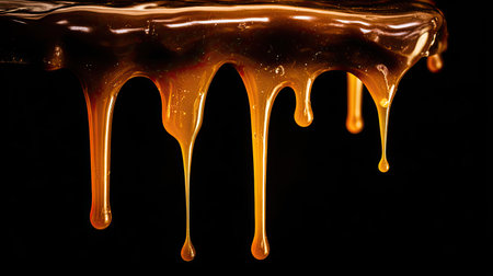 This captivating close-up image showcases golden honey dripping slowly against a dark backdrop, highlighting its richness and texture. Perfect for food-related projects.の素材