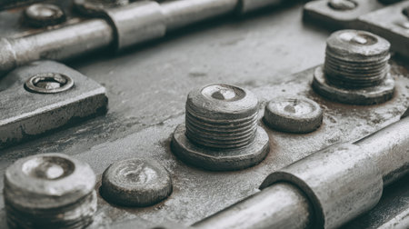 A detailed close-up of rusty metal fasteners and bolts on an industrial equipment surface, showcasing the texture and wear of machinery parts.の素材