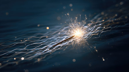 Stunning image of a light burst above a dark water surface, showcasing dynamic sparks and glowing trails that create an ethereal atmosphere.の素材