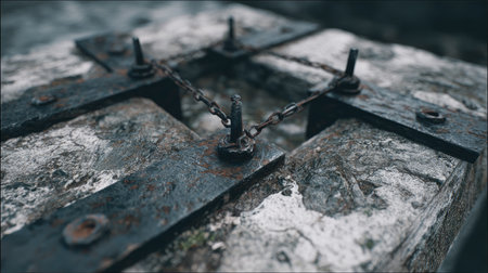 Close-up view of a weathered metal lock and chain securing an old wooden structure, revealing distinct textures and rustic charm in nature's embrace.の素材
