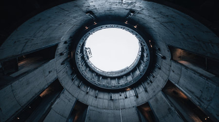 This unique perspective captures a circular concrete structure with a view of the sky, highlighting modern architecture and minimalistic design.の素材