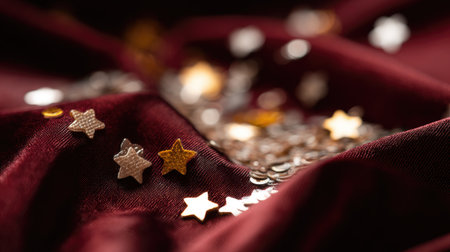 Vibrant stars and confetti scattered on luxurious burgundy fabric create a festive atmosphere. The soft focus highlights the rich texture and colors.の素材