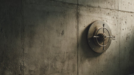 This image showcases an industrial concrete wall featuring a vintage safe lock mechanism. The textured surface and metallic detail emphasize security and architectural design elements suitable for various themes.の素材
