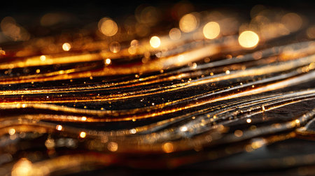 This captivating abstract close-up showcases shimmering gold waves highlighted by soft bokeh. The elegant flowing lines create a mesmerizing visual effect against a dark background, perfect for artistic or design projects.の素材