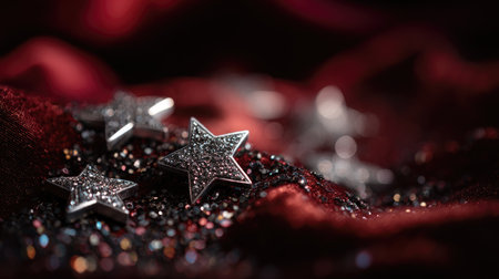 A captivating image featuring sparkling silver stars set against a rich, textured red fabric. The soft bokeh and glitter add elegance, perfect for festive designs.の素材