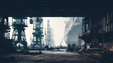 A moody industrial scene in a shipyard, featuring towering cranes and heavy machinery in silhouette, surrounded by fog and shadow, creating an atmospheric setting.の素材
