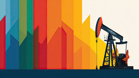 This vibrant image features an oil pump jack set against a colorful abstract background, perfect for themes related to energy, industry, and modern technology.の素材