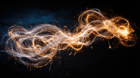 This captivating image showcases swirling light trails of sparkling fireworks against a dark backdrop, creating a mesmerizing abstract design perfect for artistic projects.の素材