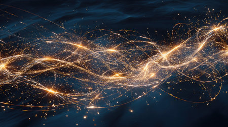 This image showcases captivating light trails and sparkles against a deep blue background, creating an enchanting and dynamic atmosphere ideal for art and design projects.の素材