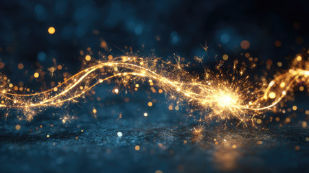 An enchanting scene depicting shimmering light effects with glowing particles on a dark background, creating a magical and ethereal atmosphere perfect for artistic projects.の素材