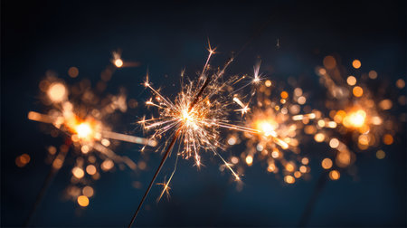 A close-up view of sparklers glowing in the night, creating a mesmerizing display of light and warmth, perfect for celebrations and special moments.の素材