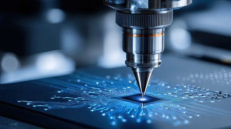 This image captures the intricate process of machining microchips using advanced CNC technology, emphasizing precision, detail, and modern engineering techniques.の素材