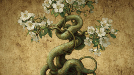 An artistic representation of a twisting tree adorned with blossoming flowers, set against a textured, aged background that enhances its natural beauty.の素材