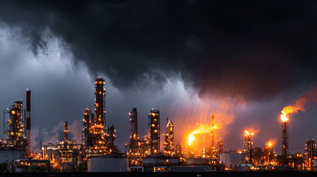 Captivating scene of an industrial landscape engulfed by dark clouds, showcasing fiery flares from refineries amid heavy rain, highlighting the energy sector's powerful presence.の素材