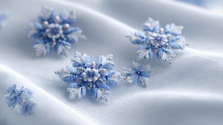 This enchanting image showcases delicate blue snowflakes resting on soft fabric, evoking a serene winter ambiance perfect for seasonal decorations.の素材