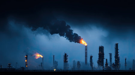 Captivating nighttime image of an oil refinery with flames shooting from tall stacks, surrounded by heavy smoke and industrial structures.の素材